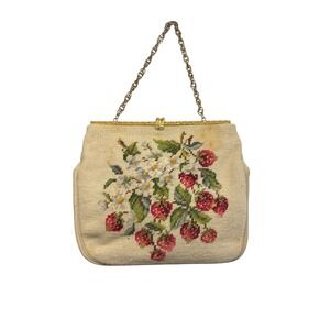 Vintage Needlepoint Strawberry Floral Handbag Gold Frame Chain Handle Cream Red